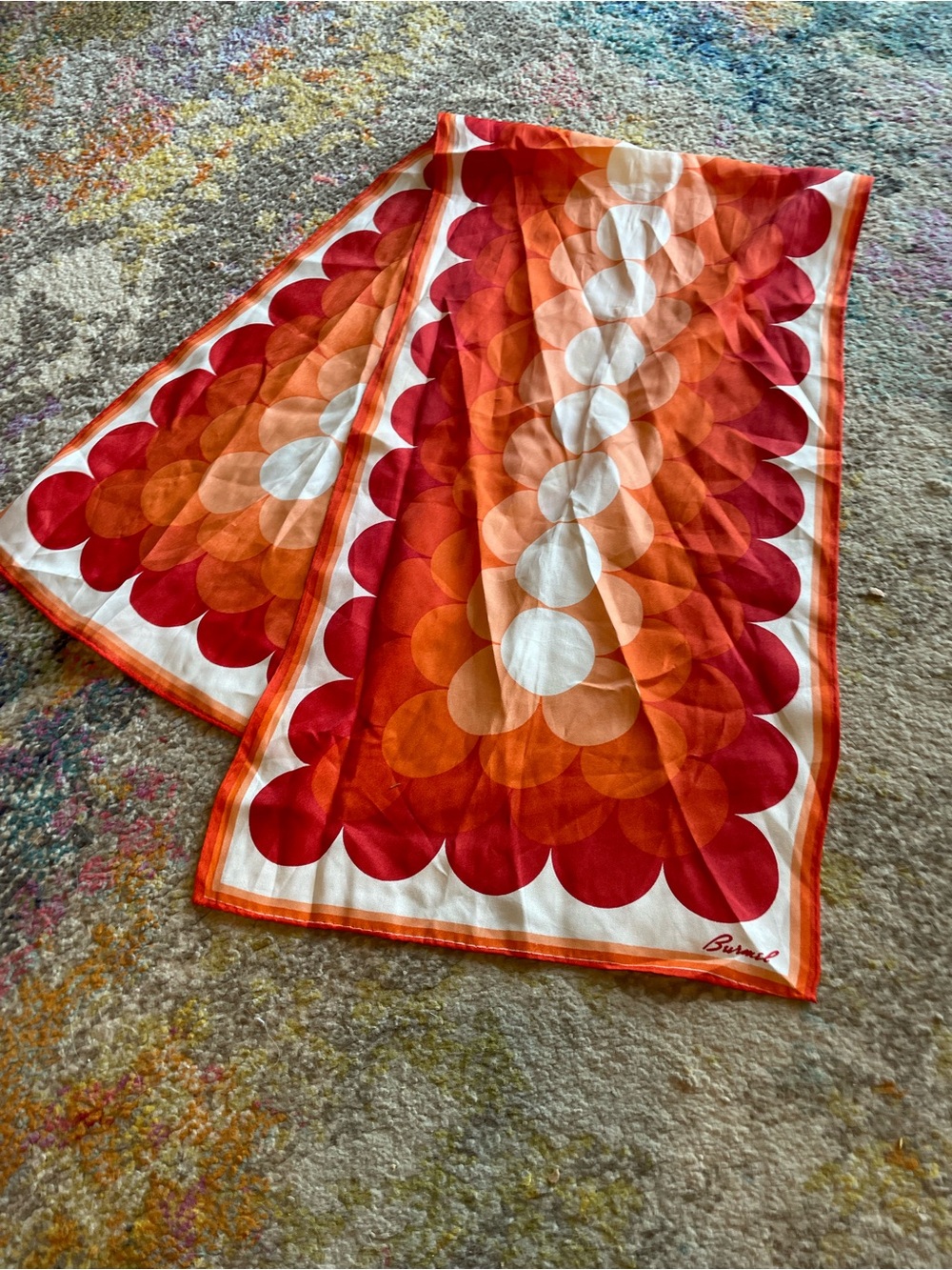 Vintage Burmel Scallop Pattern retro Scarf Red & Orange silk 60s 70s long wrap